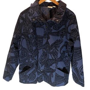 Chico's Blue and Black Neema Puff Jacket with Decorative Flocked Paisley Pattern